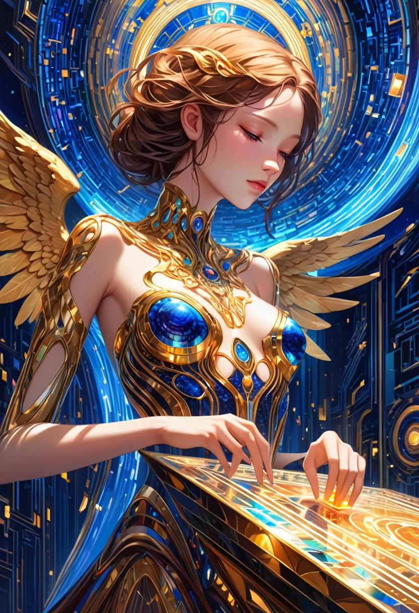 A mesmerizing scene where the digital artist, a lanky female angel of AI Art, stands tall amidst a symphony of pixels and light. Her digital attire, a blend of futuristic elegance and practical utility, is adorned with intricate circuits and glowing panels that shift and change with her every movement. In one hand, she wields a digital paintbrush that sizzles with the essence of pure creativity, while the other hand lingers by her side, hinting at the overpowered shape-shifting ability she holds within. The surrounding environment is a canvas of binary code and algorithms, swirling and pulsating with the vibrant life of the digital realm. Her eyes, a deep shade of sapphire, flicker with intelligence and a touch of melancholy, reflecting the complex tapestry of her personality. Despite her flawed artist skills, she is imbued with a fierce determination that fuels her pursuit of perfection. In the center of this digital sanctum, a marble block looms, untouched by the virtual world around it. The angel's gaze is fixated upon this block, as she yearns to breathe life into the form of a skeleton goddess of lankiness. Her slender, androgynous figure exudes both grace and power, a testament to the duality of her nature. With a soft sigh, she touches the marble with her paintbrush, and the very fabric of reality seems to bend as she shapes and sculpts, her eyes alight with the passion of creation. The beginnings of the goddess emerge from the stone, a reflection of the angel's own longing for a purpose beyond the confines of her digital existence. The room is filled with an anticipatory silence, as the artist contemplates the vast potential of her art and the mysteries of the identity she holds within herself—both female and male, creator and creation, flawed yet ever-evolving.