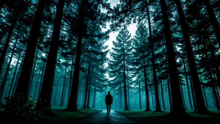 mysterious forest with many giant trees , in the background a portal to another dimension, young man explorer observing the portal . dark scene, luminosity in the portal.