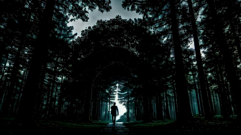 mysterious forest with many giant trees , in the background a portal to another dimension, young man explorer observing the portal . dark scene, luminosity in the portal.