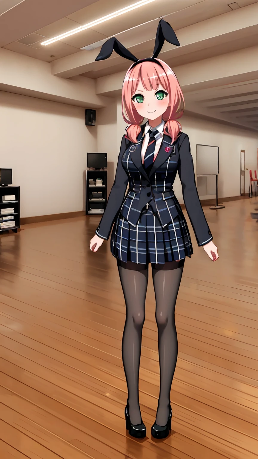 ((​masterpiece、top-quality))、ighly detailed、Simple eyes、(((outside of house))))、((huge tit))、Himari Uehara 1girl、bangss、blazers、blue_skirt、red blush、Boken、green_eyes、haneoka_school_uniform、inside the house、Gray jacket、long_sleeves、looking_at_viewer、low_twintails、neck tie、pink_hair、Plaid、plaid_skirt、pleated_skirt、school_uniform、The shirt、skirt by the、a smile、striped_necktie、Twin-tailed、、red choker, (black playboy bunny), (black fake rabbit ears), (black pantyhose), (black high-heels), cafe