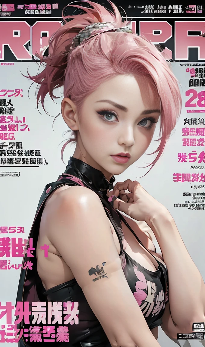 best quality, works of masters, high resolution, 1 woman, What a beautiful face, really beautiful eyes, very beautiful pink mohawk hair，(magazine cover:1.2)，Trendy Harajuku style rock outfit，bare one&#39;s shoulders, highlighted super huge super huge , showing cleavage,(huge breasts:1.9), (small waist:1.1),((very large breasts:1.9))