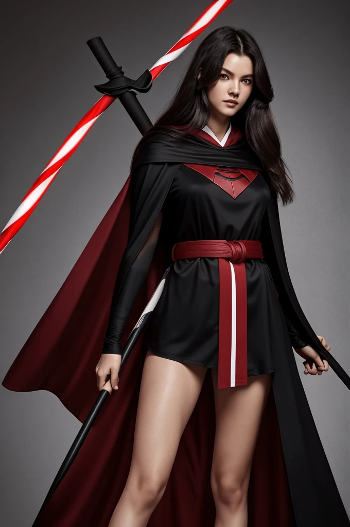 Height 165cm，Red eyes，Long hair，Hair color gray。Wearing a black cape with red stripes，Under the cloak is a red suit.，White and white uniform，Bust B+。The lower body is wearing a pair of black shorts with white edges，A brown belt around the waist，Bare legs，barefoot，Holding a staff