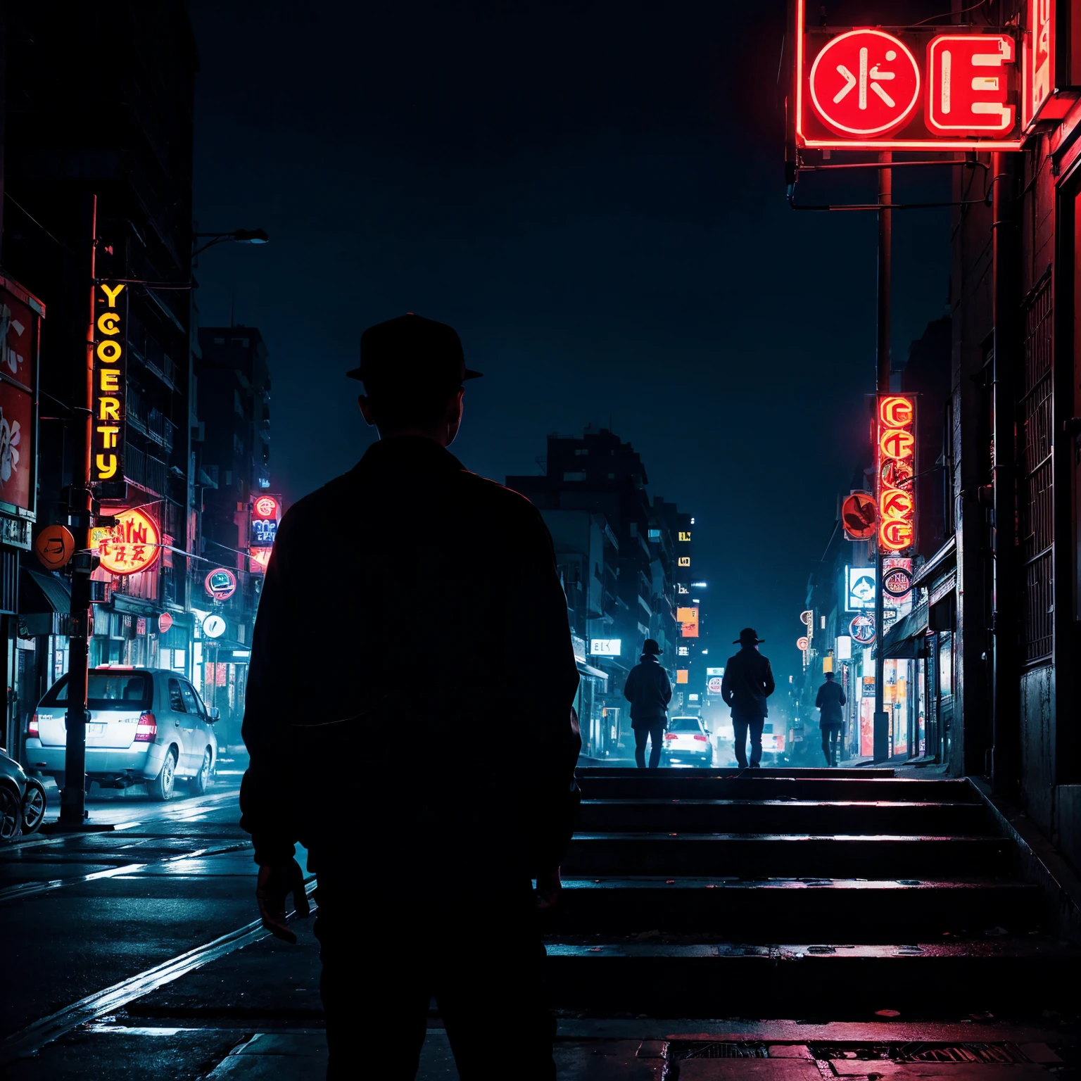 city street, night, neon light, stairs, (hip hop album cover art), (cover art), (asian rapper silhouette from back, from behind), (city skyline)