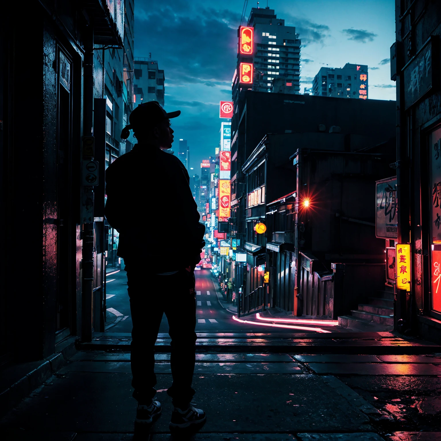 city street, night, neon light, stairs, (hip hop album cover art), (cover art), (asian rapper silhouette from back, from behind), (city skyline)