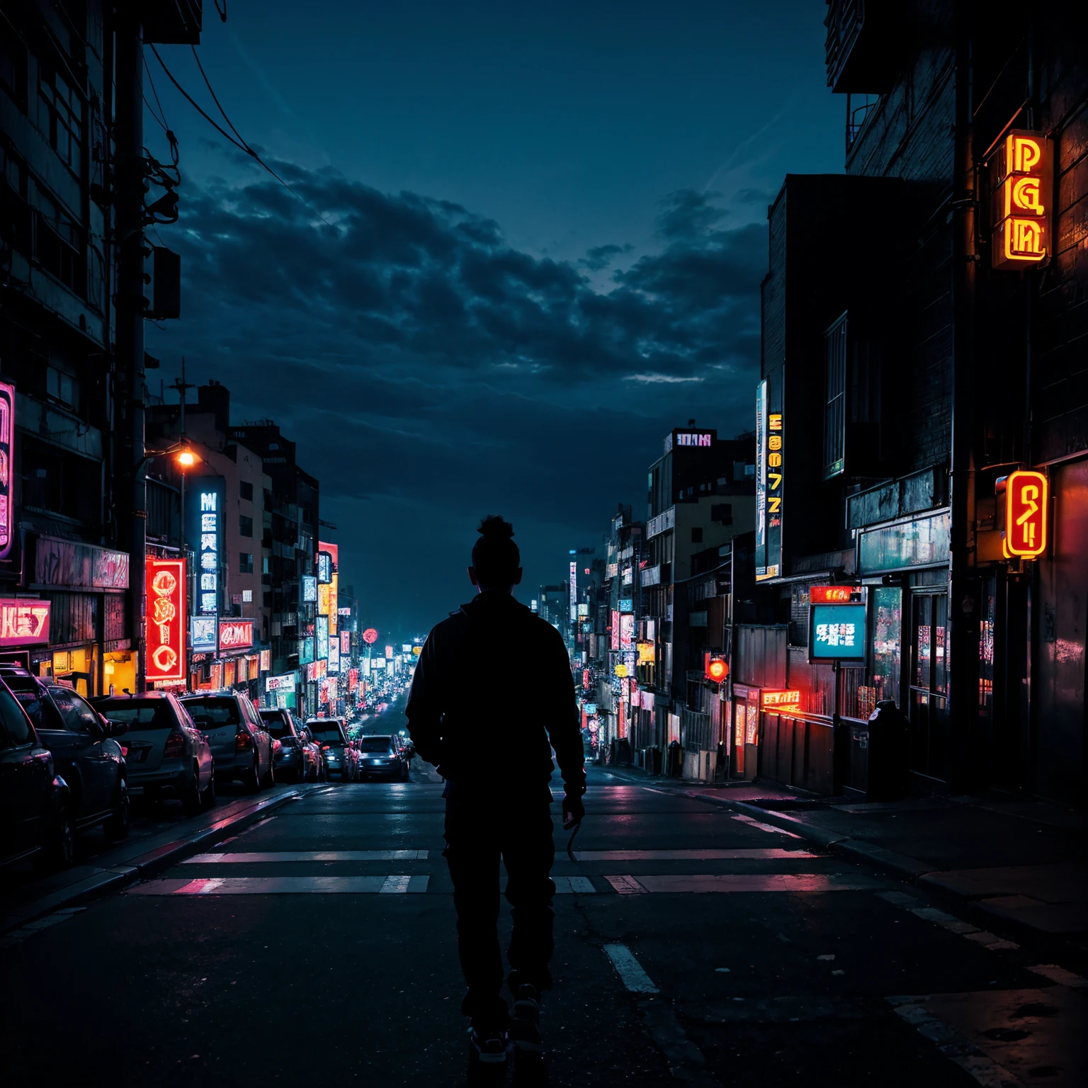 city street, night, neon light, stairs, (hip hop album cover art), (cover art), (asian rapper silhouette from back, from behind), (city skyline)