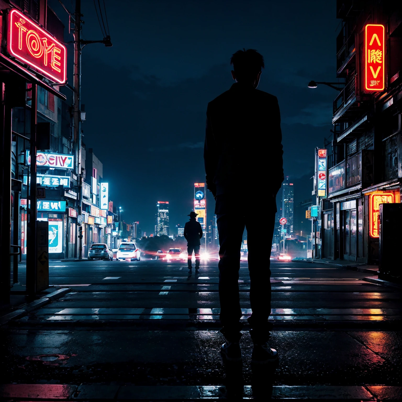 city street, night, neon light, stairs, (hip hop album cover art), (cover art), (asian rapper silhouette from back, from behind), (city skyline)