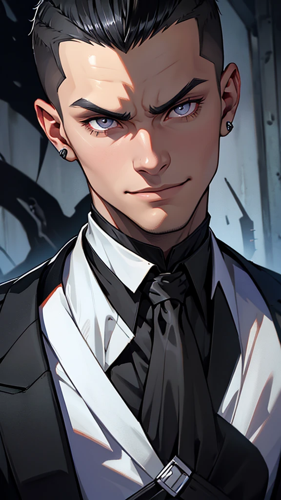 High detailed, 1 young Guy, long buzzcut hairstyle, Black hair, detailed eyes, Black tuxedo, cruel expression, cruel smile, dark atmosphere, dark aura