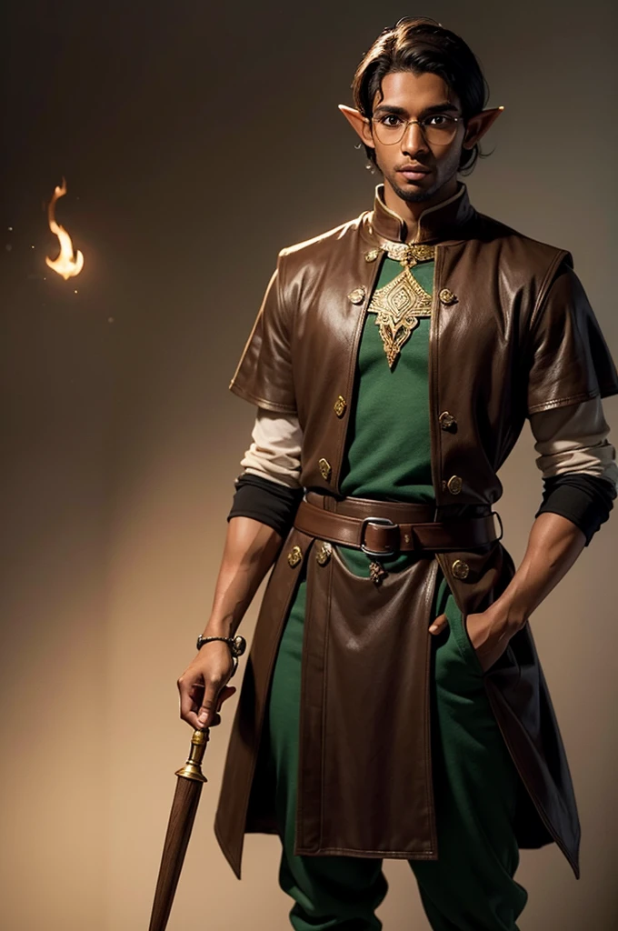 he's an elf, brown skinned,  blind in the left eye, medium and dark hair. studious,  age 28, 1,95 tall, aspiring wizard