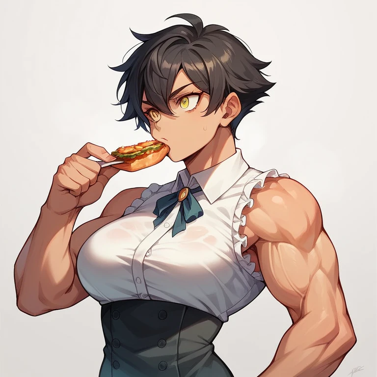 A girl with short black hair, yellow eyes and muscles with big breasts wearing formal clothes eating a profiteroles