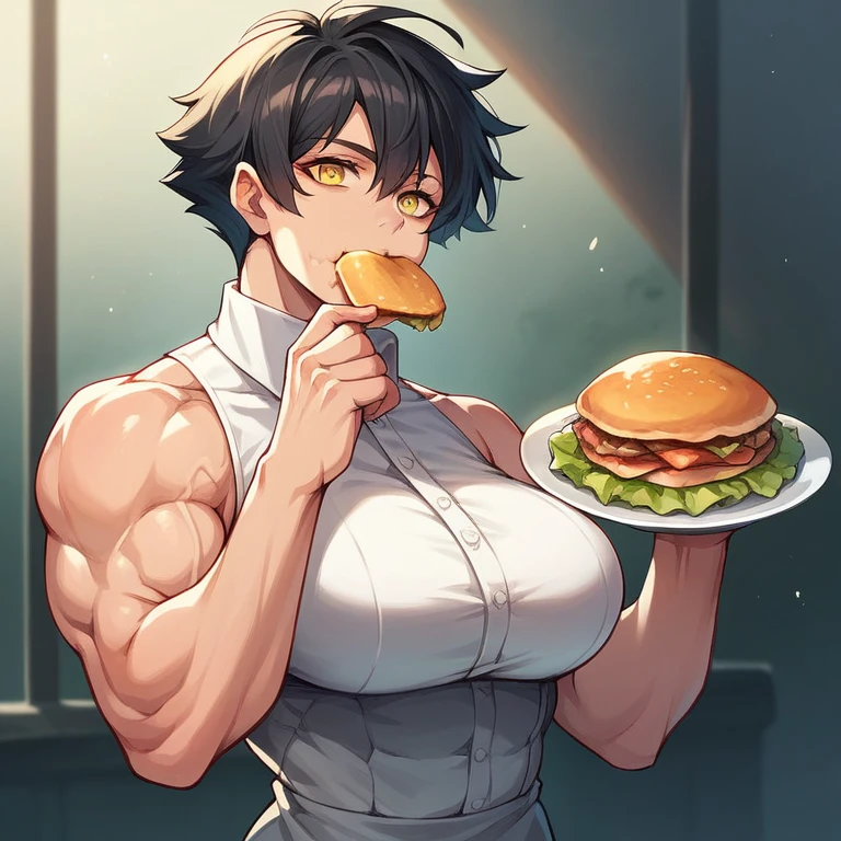 A girl with short black hair, yellow eyes and muscles with big breasts wearing formal clothes eating a profiteroles 