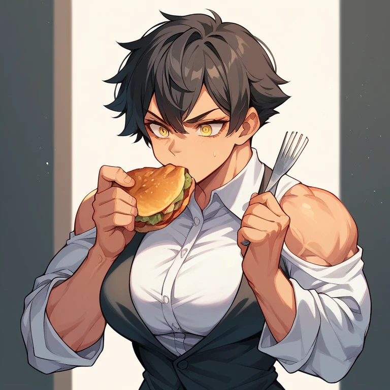 A girl with short black hair, yellow eyes and muscles with big breasts wearing formal clothes eating a profiteroles