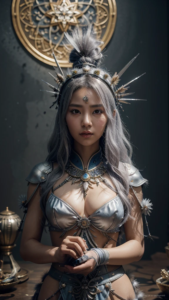 a Korean woman from the heavens dressed in the garb of the celestial kingdom, her spears intertwined together, creating a wondrous creature of ancient gladiator, silver hair, ferrofluid, topographical realism, neuron flower, Fantasy, Surrealist, This charming manifestation became popular on Artstation, depicted with bright brushstrokes appropriate. Studio portraits reveal unparalleled intrigue and stunning detail. His creation is decorated with indescribable little intrigues, unreal v5 engine, octane rendering