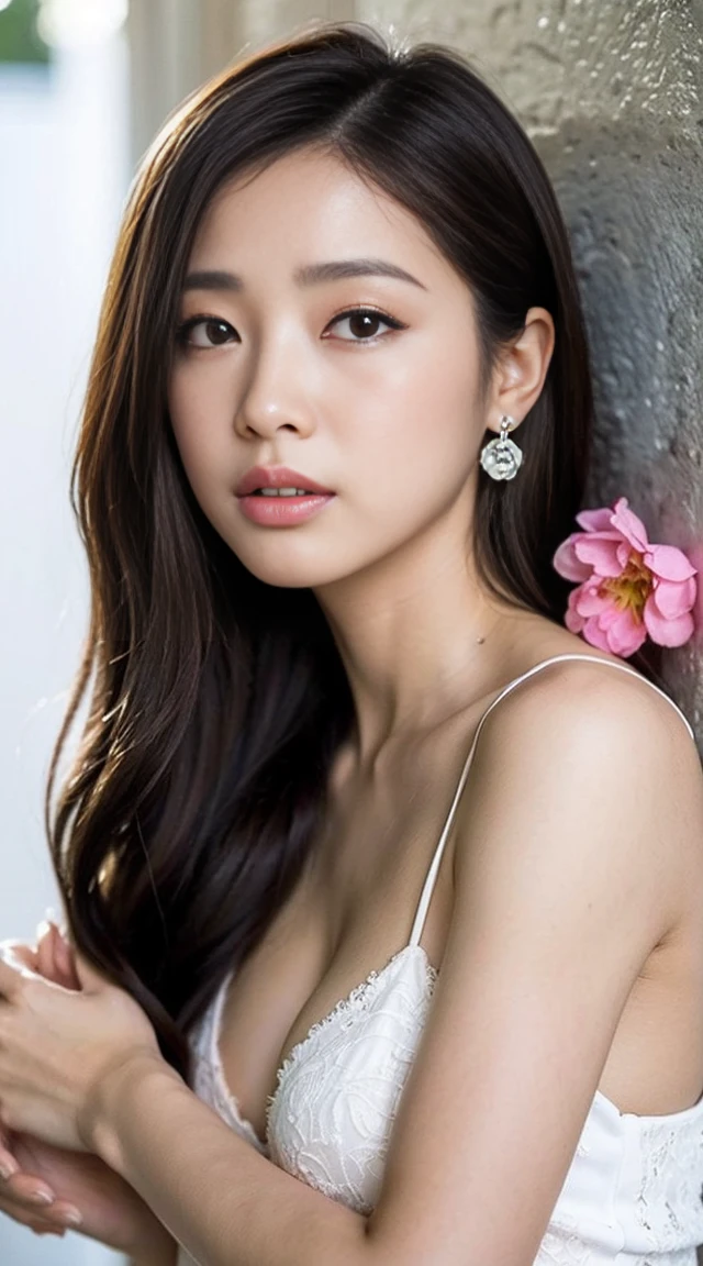 Dark brown hair、Light brown eyes、Japanese actress、 Lady、I am about 40 years old..、(Intricate details:1.2)、(Which one is on top??:1.4)、 (Ultra-high resolution:1.2)、Ultra-high resolution、(Finely tuned)、(Detailed facial features)、Hmph、8K resolution、D cup size breasts、Long Hair、Blocks sunlight and shade、A balcony with a resort feel、Pink flowers are decorated in the background、Pink flowers blooming in a resort area、Decorate your ears with deep pink flowers、white wall、white floor、Full body photo、Head to toe shot、Beautiful legs、white One piece with a wide open back、Blackpink Jenny 私 took this photo with the image of、Beautiful legs、she, Fashion Hub, Extreme Detail, Very detailed, Realistic, Hourglass-shaped body, Obscene pose、Lift your chin a little、Please open your mouth a little、Poses that make you feel weak、Are crying、Deep sorrow、Leaning against a wall、