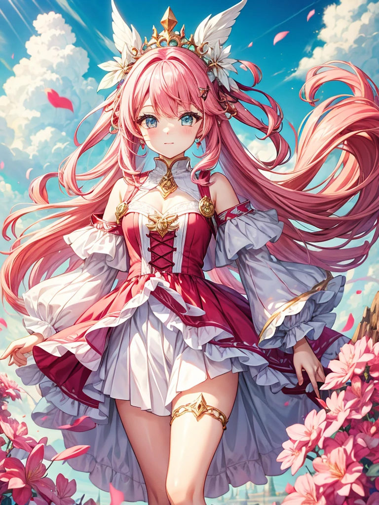 fantasy world girl with colorful hair, accessories, detailed clothes, pink hair, white and red clothes