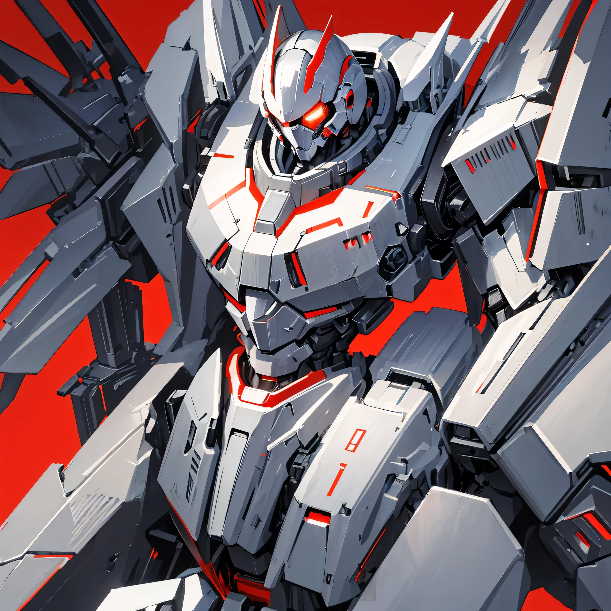 A mecha made of steel，There is no one in the picture，A huge mecha flashing red，((Plain gray background))