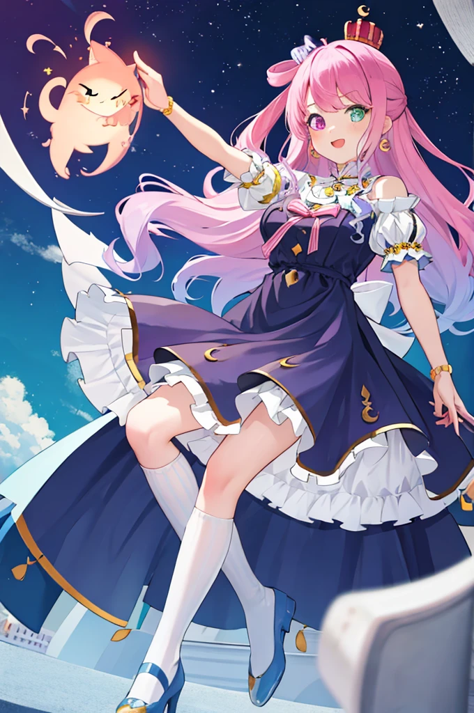 masterpiece、Highest quality、Absurd、One girl、solo、Heterochromia iridis(1.1)、Long Hair、Hair Ring、Candy Hair Ornament、crown、Earrings、- Detachable collar、Pink Dress、Shoulder out、Short sleeve、bracelet、Striped knee socks、smile、Arms behind back、indoor、city、:d、cute、Sparkling、
