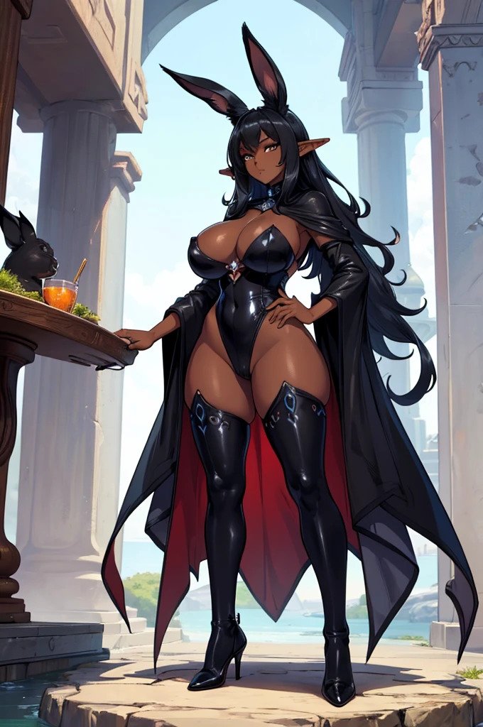 (masterpiece, best quality, high resolution, ((full body, standing,)), ((big breasts)) a fantasy black rabbit, with big ears, fantasy clothing, black, ((dark skin) ).,whole body