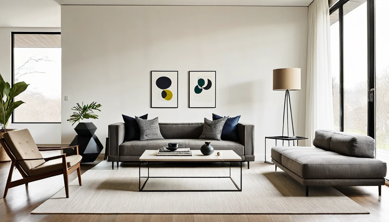 A minimalist, stylish living room with contemporary furniture and decor.