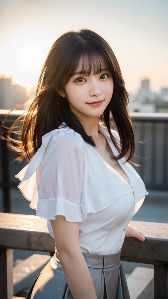 (highest quality,masterpiece:1.3,Ultra-high resolution),(Super detailed,Caustics,8k),(Photorealistic:1.4,RAW shooting),Japanese,23 years old,cute,Are standing,(A big smile),(Looking into the camera),Black Hair Middle Hair,Big Breasts,White blouse,Knee-length skirt,Strong winds,Hair blowing in the wind,Rooftop,Backlight,Sunset,Sunset sky,(Bust up shot),(Face Focus:1.1),(Face close up:1.1),Low position,Low - Angle,Natural light