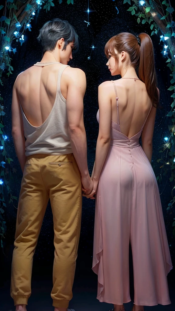 under the beautiful starry sky　Male and female back view　An illustration　