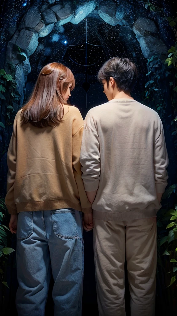 under the beautiful starry sky Male and female back view An illustration