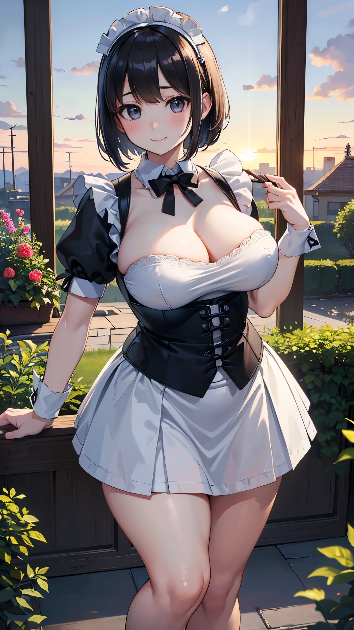 (masterpiece:1.3, Highest quality, 超High resolution, Very detailed), (Realistic:1.1, photoRealistic:1.4), Beautiful illustrations, Perfect lighting,Written boundary depth, Beautiful detailsまでこだわった髪, Beautifully detailed face, Beautiful details, Beautiful clavicle, Beautiful body, Beautiful and juicy breasts, Beautiful thighs, Beautiful feet, View your viewers, 1 Girl,Perfect Face, (Perfect Anatomy, Anatomically correct), Cute and symmetrical face、、((Shiny Hair)),(Beautiful sunrise),(Garden,ぼやけたGarden),(かわいいsmile, smile)、Sexy Body、(masterpiece),(Highest quality:1.3),8K,Very clear,(Ultra-realistic), One Girl,Wide Shot,((Large Breasts)),Wide Hips,Beautiful feet, Captivating woman、(masterpiece、Highest quality、Very detailedな)、((1 Girl))、((Short black hair))、black eye、((とてもLarge Breasts))、Cleavage、(Highest quality,4K,8K,High resolution,masterpiece:1.2),Very detailedな,(Actual,Realisticに,Realisticに:1.37), 超High resolutionの顔,(((Housemaid)))、((Mini skirt maid))、Thin waist and thick hips、Cowboy Shot、(((Plump breasts)))