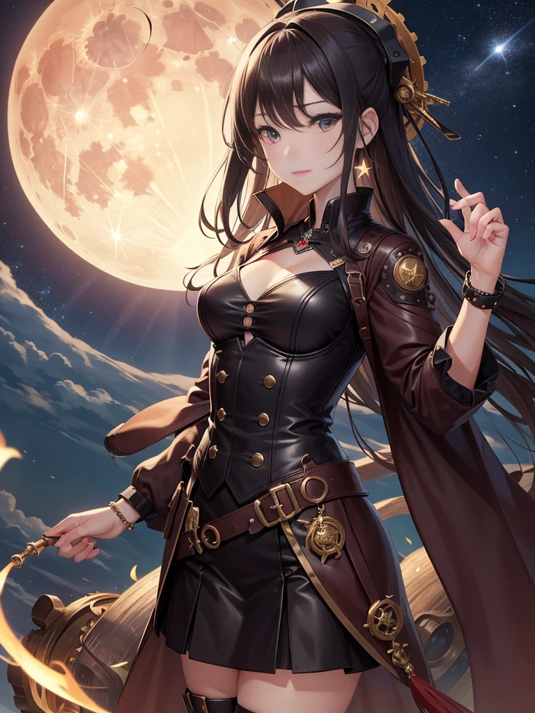 masterpiece、8k high resolution、Detailed depiction、Smooth depiction、accurate depiction、精美Smooth depiction、A beautiful girl、Wearing a steampunk-style outfit made of numerous small gears and watches、evening、Clear sky、Shining Star々、The full moon shines red、