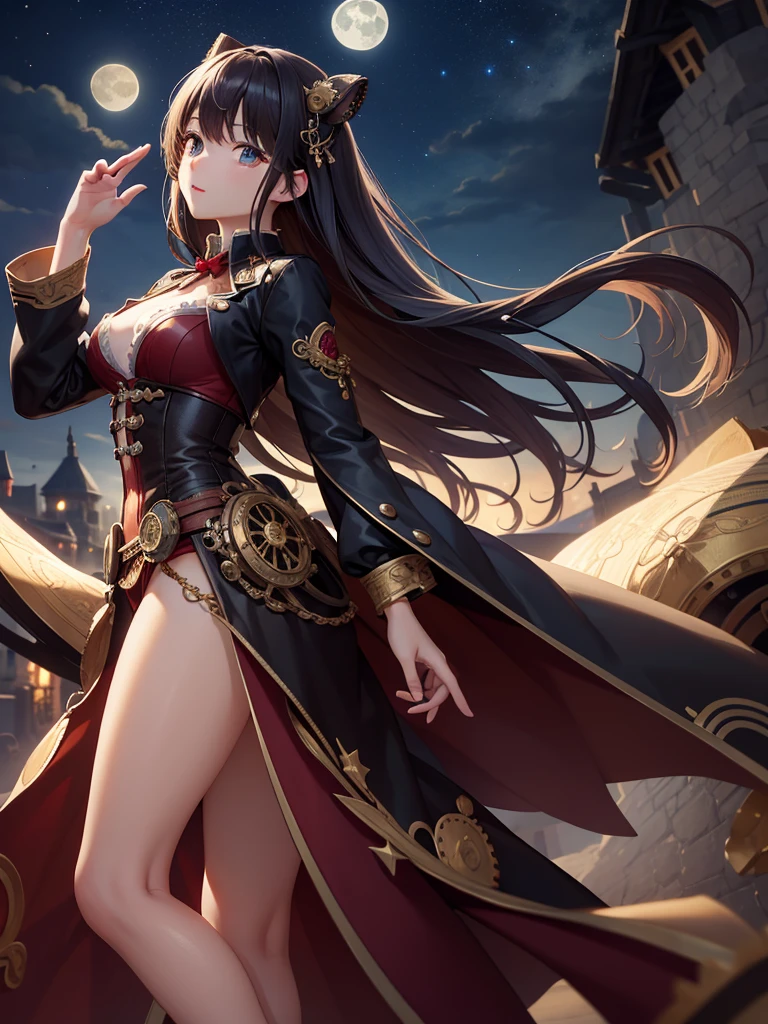 masterpiece、8k high resolution、Detailed depiction、Smooth depiction、accurate depiction、精美Smooth depiction、A beautiful girl、Wearing a steampunk-style outfit made of numerous small gears and watches、evening、Clear sky、Shining Star々、The full moon shines red、