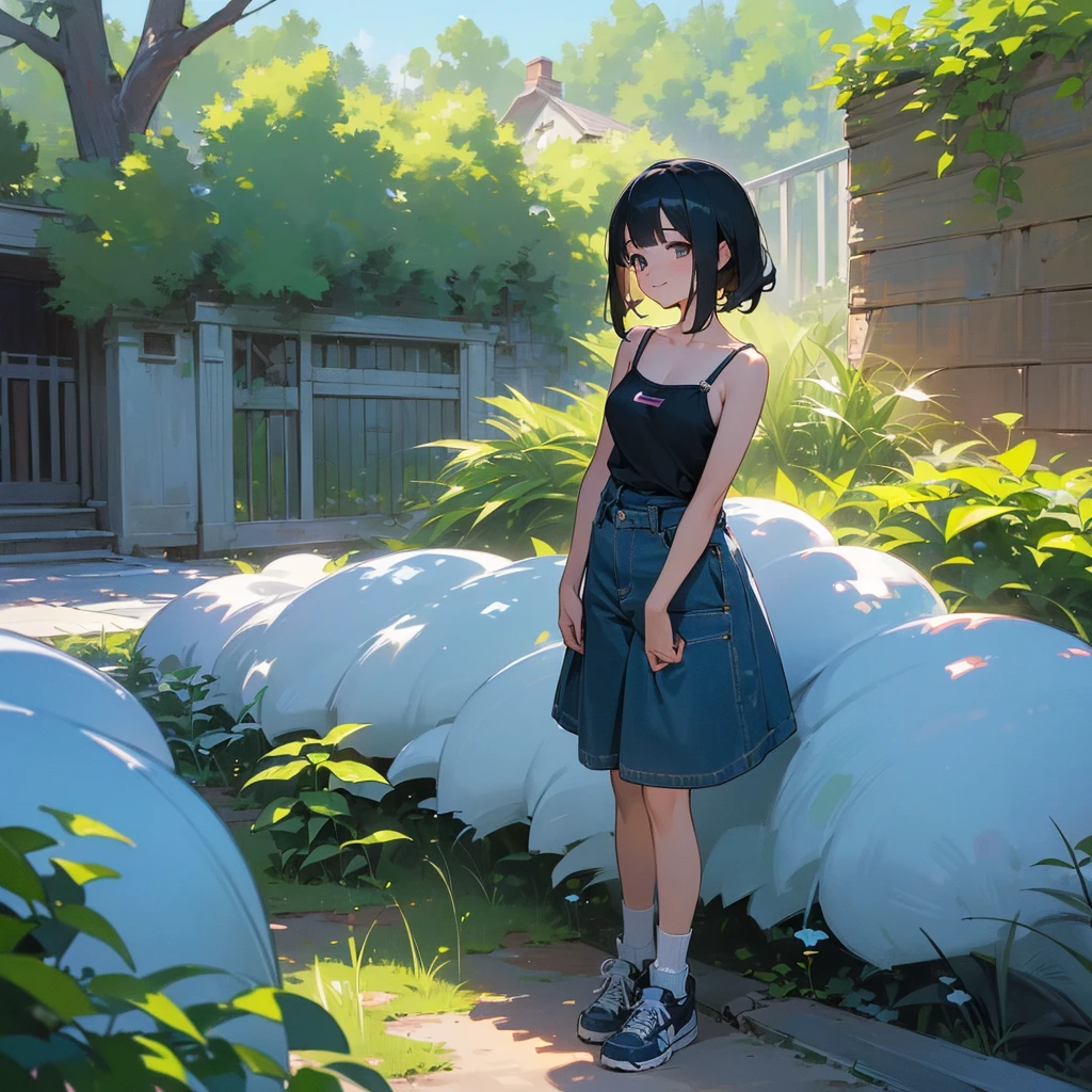 (high quality, High resolution, Very detailed, reality:1.37), Peaceful atmosphere, (Outdoor, garden), Teenage girl standing alone, (my breasts are big.), Beautiful details, Cute Smile, (Black bob hair), camisole, Denim shorts, Blue socks, sneakers.