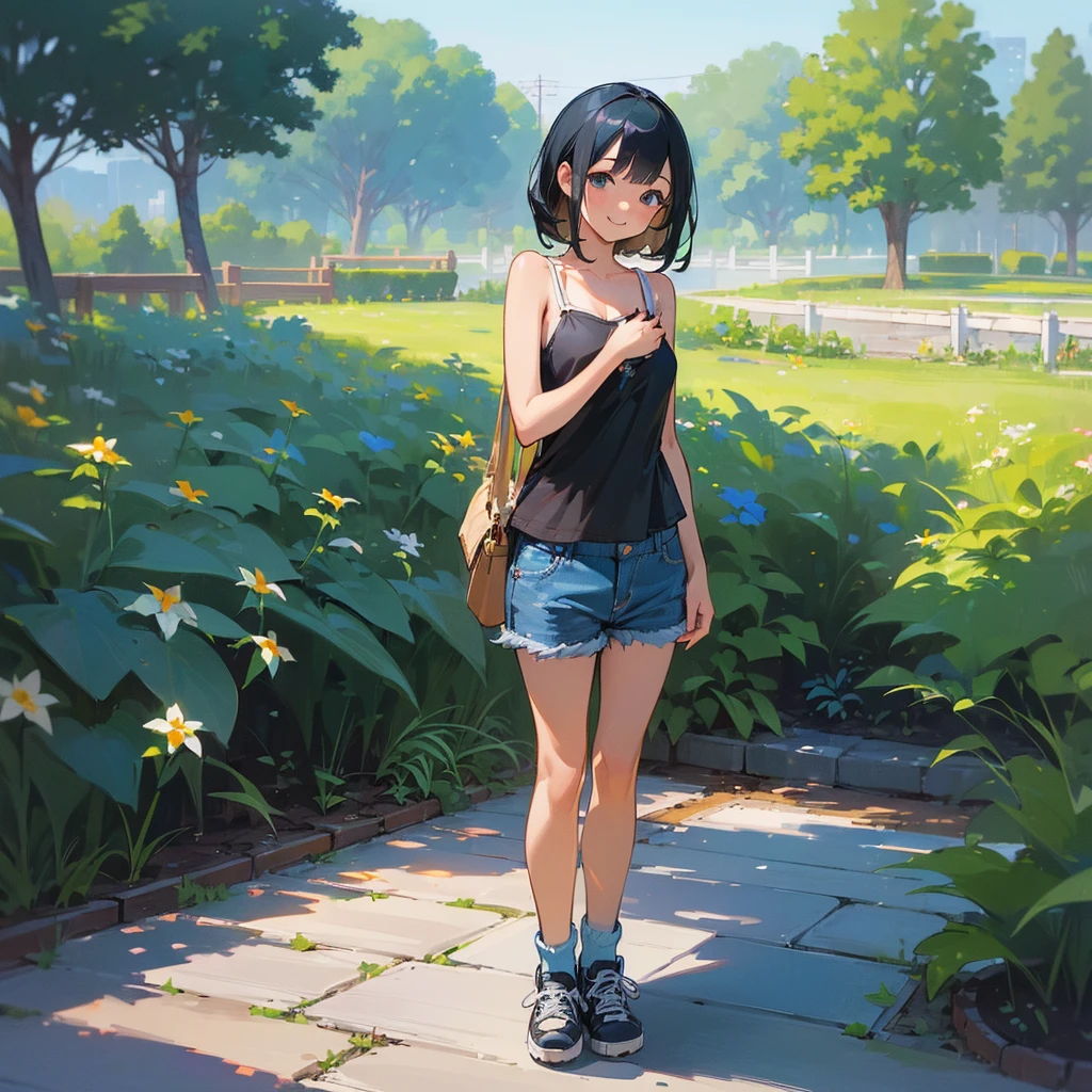 (high quality, High resolution, Very detailed, reality:1.37), Peaceful atmosphere, (Outdoor, garden), Teenage girl standing alone, (my breasts are big.), Beautiful details, Cute Smile, (Black bob hair), camisole, Denim shorts, Blue socks, sneakers.