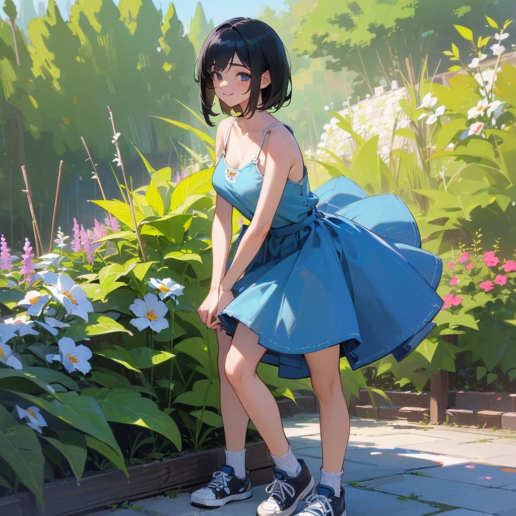 (high quality, High resolution, Very detailed, reality:1.37), Peaceful atmosphere, (Outdoor, garden), Teenage girl standing alone, (my breasts are big.), Beautiful details, Cute Smile, (Black bob hair), camisole, Denim shorts, Blue socks, sneakers.