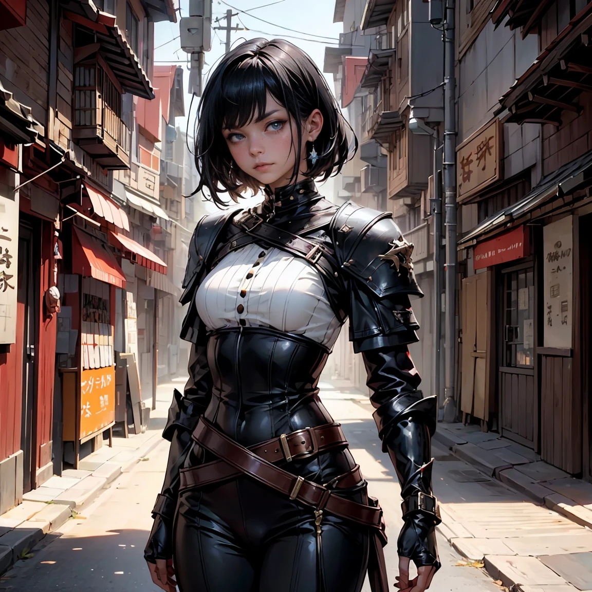 a woman, 1girl, short bob black hair, small breasts, blue eyes, fait skin, blank face, she nude,  instead of a pussy, full body, full body, night, medieval japanese town, very sexy body, detailed face, beautiful detailed eyes, beautiful detailed lips, extremely detailed eyes and face, long eyelashes, detailed clothing, intricate details, highly detailed, photo realistic, 8k, best quality, masterpiece, cinematic lighting, dramatic lighting, vibrant colors, fantasy, digital art, concept art