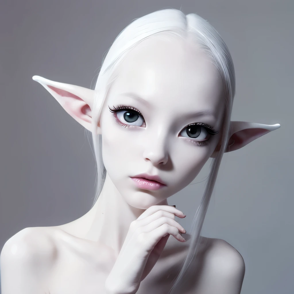 alien, beautiful, feminine, high, long legs, elongated body, White skin, White skin, white soft skin, totally black eyes, totally black sclera, black sclera, white lips, white lips, without eyebrows, small nose, cat nose, elven ears, elongated ears, hands with three fingers, alien hand, strange hand,