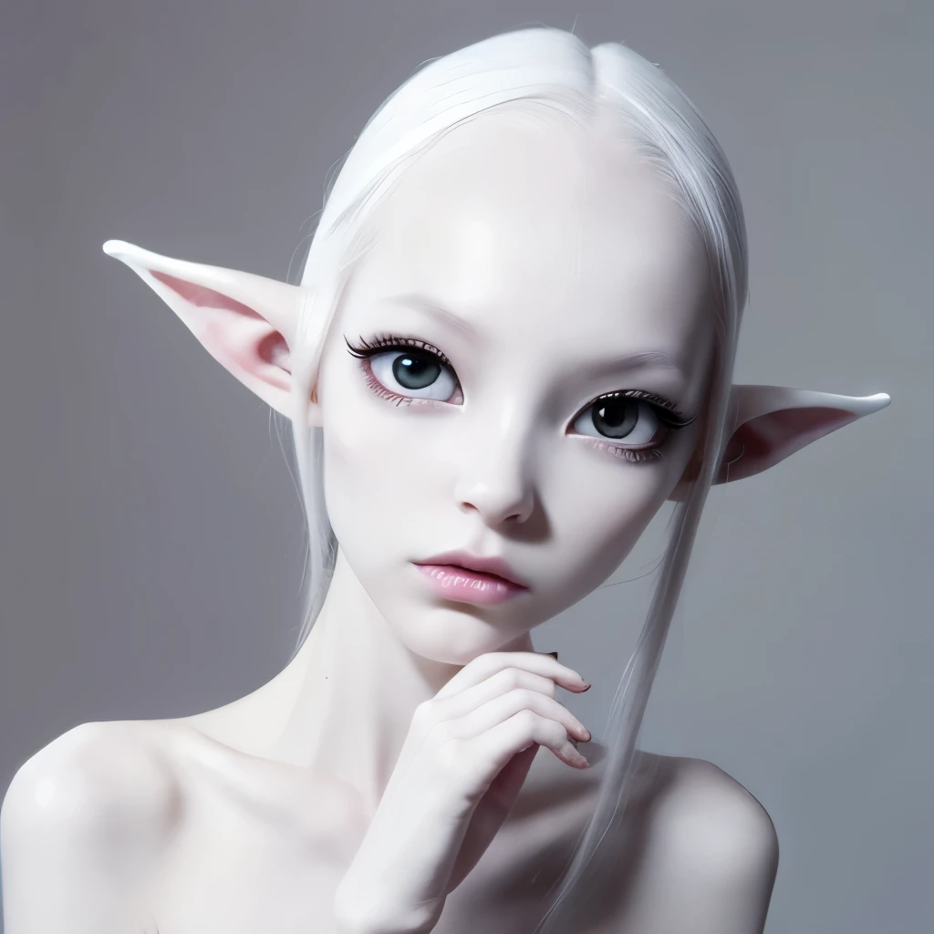 alien, beautiful, feminine, high, long legs, elongated body, White skin, White skin, white soft skin, totally black eyes, totally black sclera, black sclera, white lips, white lips, without eyebrows, small nose, cat nose, elven ears, elongated ears, hands with three fingers, alien hand, strange hand,
