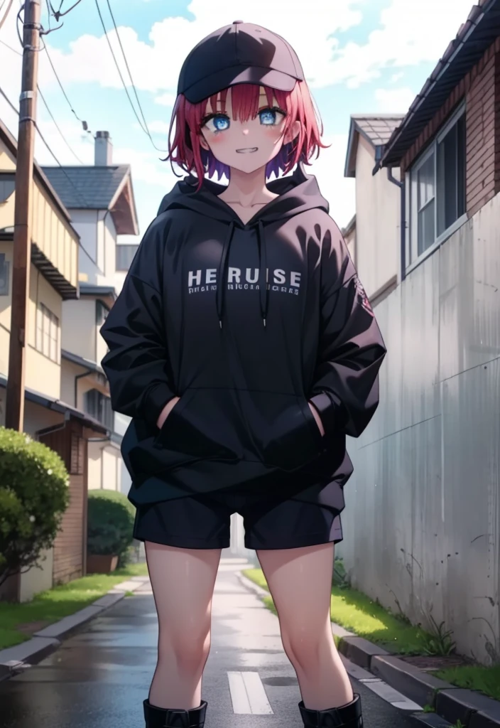 (masterpiece, Highest quality:1.2),shape,8K,High resolution,mea kurosaki,Mea Kurosaki,Redhead,Long Hair,Purple eyes,1 Girl,Baseball hats,Oversized black hoodie,Black shorts,short boots,Grin,smile,Both hands are in the pockets of the hoodie,graffiti,Hiding in a roofed building,Standing leaning against a wall,rain,night,cloudy,whole bodyがイラストに入るように,
break looking at viewer,whole body,
break outdoors, Alley,
break (masterpiece:1.2), Highest quality, High resolution, ユニティ 8K 壁紙, (shape:0.8), (Beautiful and beautiful eyes:1.6), Highly detailed face, Perfect lighting, Highly detailed CG, (Perfect hands, Perfect Anatomy),