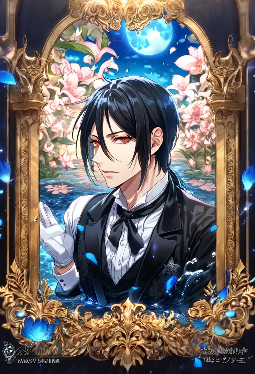 absurdres, highres, ultra detailed, HDR, master piece, Sebastian Michaelis, black hair, expressive red eyes, white gloves, black shirt, Kuroshitsuji, man, handsome, best quality, blue moon, flowers, fantasy, magical, solo, water, blue shining fireflies, blue petals, black Butler clothes