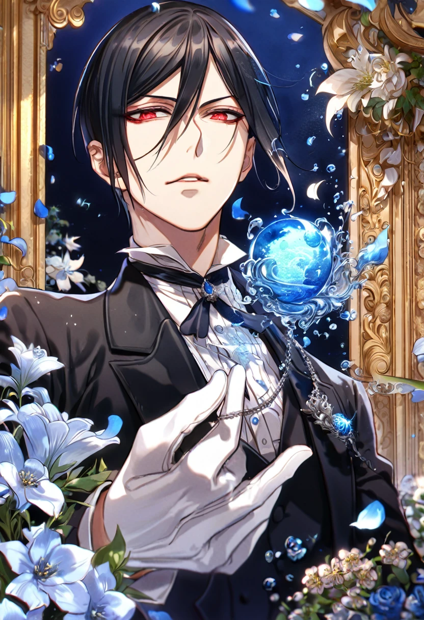 absurdres, highres, ultra detailed, HDR, master piece, Sebastian Michaelis, black hair, expressive red eyes, white gloves, black shirt, Kuroshitsuji, man, handsome, best quality, blue moon, flowers, fantasy, magical, solo, water, blue shining fireflies, blue petals, black Butler clothes