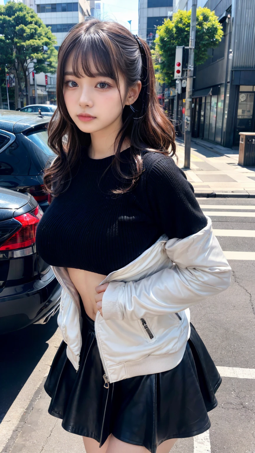 Witch in white dress and jacket posing on street corner, White fashion clothes, 2020 fashion, Wearing a jacket and skirt, White jacket, Bae Suzy, Smooth white tights set, Bomber Jacket