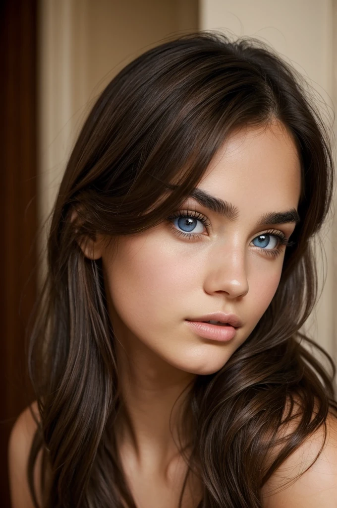 The girl has long dark brown hair, with light skin and big, expressive blue eyes, which are very striking. His eyebrows are thin and arched, and has a slight blush on her cheeks, with pink and delicate lips.