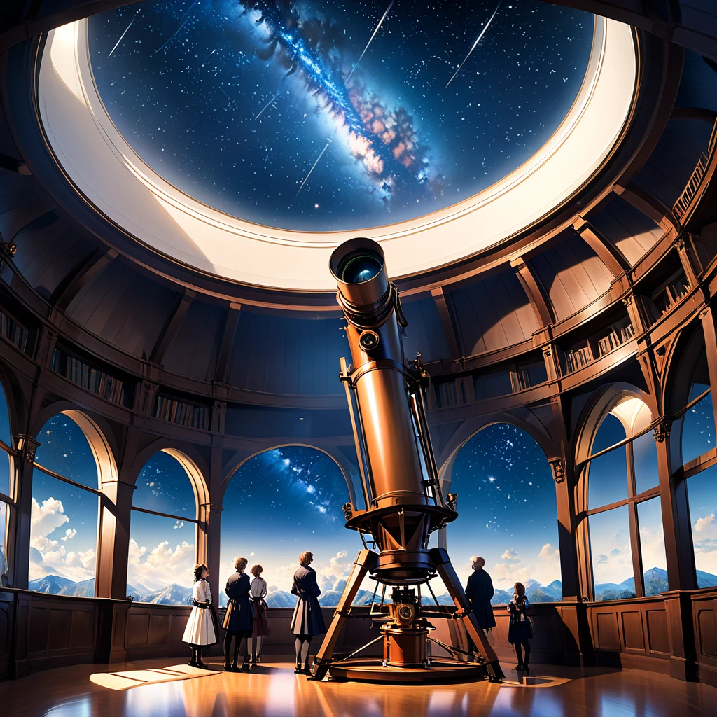 The 18th century telescope was located in an indoor observatory on the top floor of the building, with the side of the circular dome-shaped roof open, allowing a long telescope to be pointed diagonally upwards to observe the starry sky. Scholars gathered in the hollowed-out corridor surrounding the telescope, which rose up from the floor below, discussing something in the royal castle in the sky.
