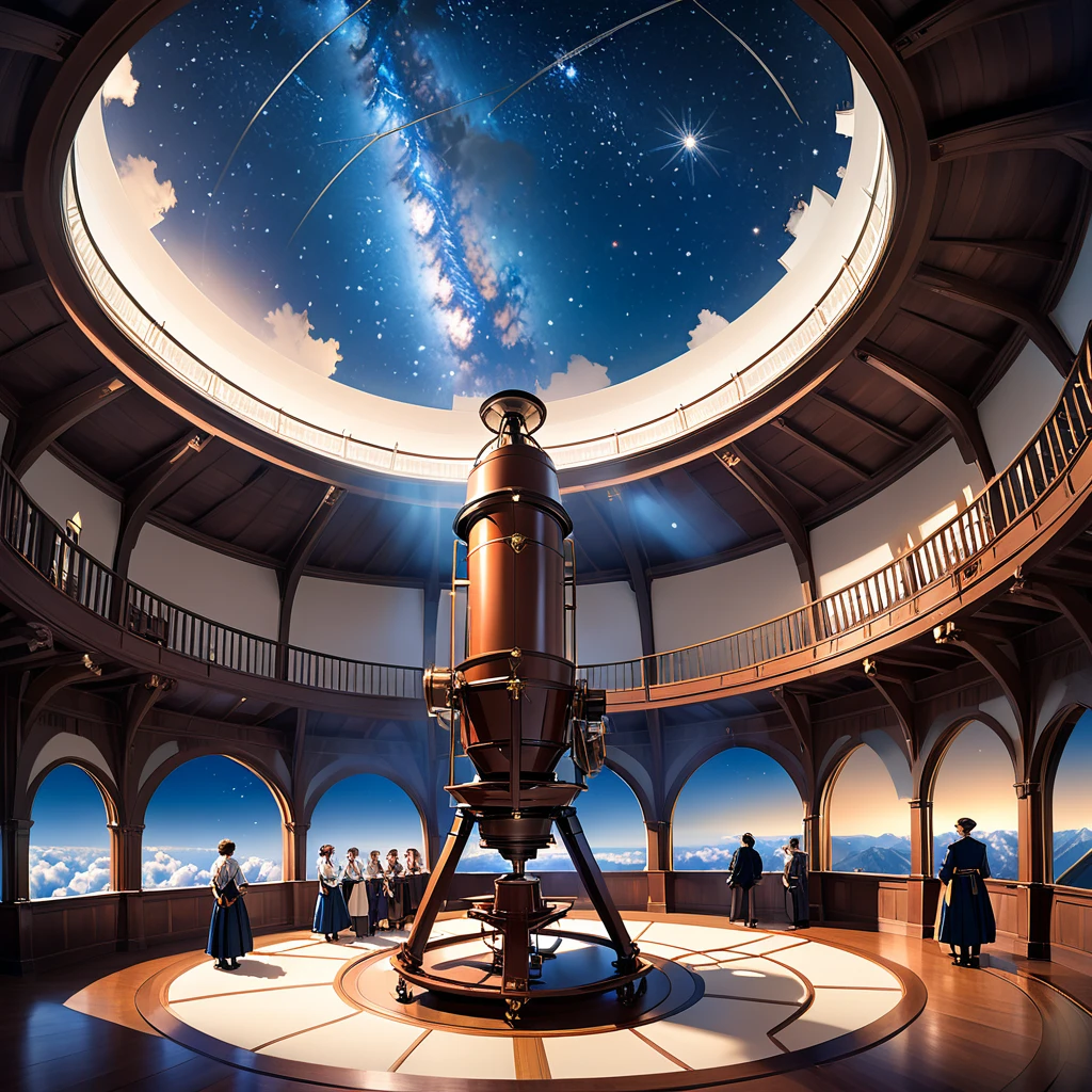 The 18th century telescope was located in an indoor observatory on the top floor of the building, with the side of the circular dome-shaped roof open, allowing a long telescope to be pointed diagonally upwards to observe the starry sky. Scholars gathered in the hollowed-out corridor surrounding the telescope, which rose up from the floor below, discussing something in the royal castle in the sky.