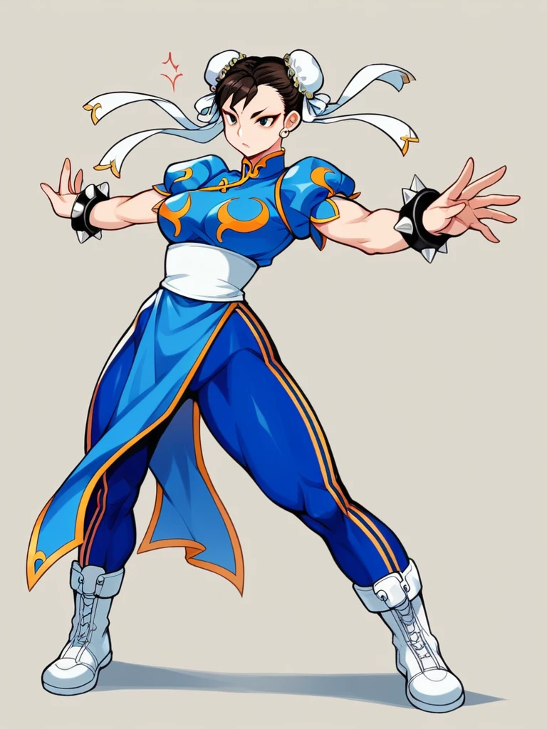 in kinu-sensei artstyle, Kinu Nishimura style, muted pastel colors, medium breasts, Chun-Li, Chun-Li, the iconic character from the Street Fighter video game series, stands at the forefront of the composition. Her dynamic pose suggests imminent action—a leap or a powerful kick. Here’s a breakdown of the details: Character Description: Chun-Li: A strong, agile fighter, Chun-Li is instantly recognizable by her signature blue qipao (a traditional Chinese dress) with golden accents. She embodies grace and power. Costume: Her qipao features slits on both sides, allowing of movement. The fabric flows around her as she prepares for combat. Footwear: White boots with similar side slits complete her ensemble, emphasizing practicality and style. Hairstyle: Chun-Li’s hair is styled in “ox horns,” two high buns adorned with white ribbons. Golden hairpieces resemble spiked bracelets, adding flair.