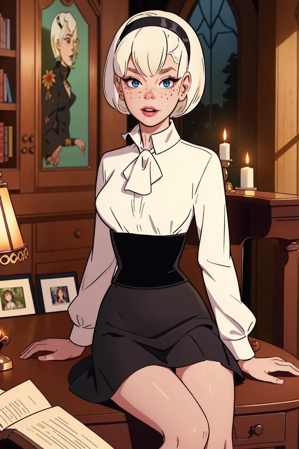 { masterpiece : best quality : high resolution : unity 8k wallpaper : illustration : beautiful detailed eyes : extremely detailed face : perfect lighting : extremely detailed CG }  { in a dark creepy library  } { Sabrina Spellman : : platinum blonde hair with black hairband : perfectly small shape breast : freckles : perfectly fit body : white turtleneck shirt : black skirt : studying : sitting at a study table }