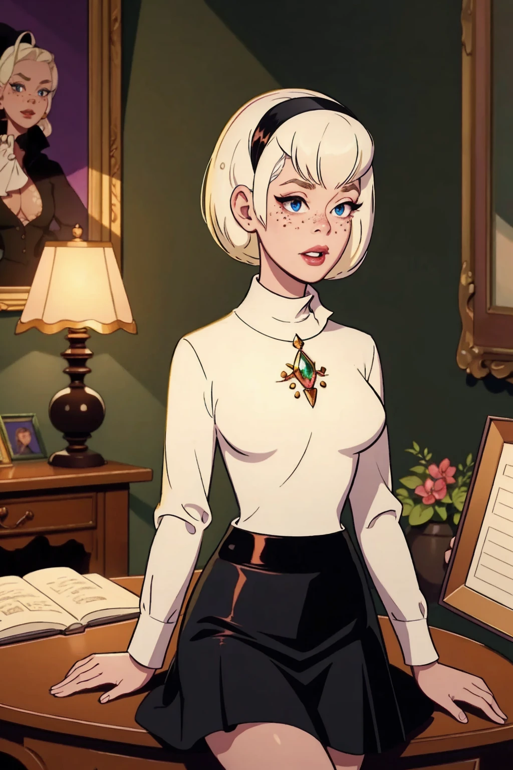 { masterpiece : best quality : high resolution : unity 8k wallpaper : illustration : beautiful detailed eyes : extremely detailed face : perfect lighting : extremely detailed CG }  { in a dark creepy library  } { Sabrina Spellman : : platinum blonde hair with black hairband : perfectly small shape breast : freckles : perfectly fit body : white turtleneck shirt : black skirt : studying : sitting at a study table }