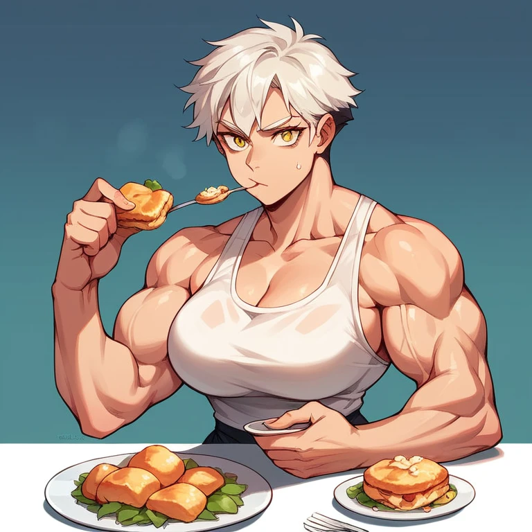 A girl with short hair Chanel straight black with yellow eyes with muscles with very large breasts wearing formal clothes eating a profiteroles