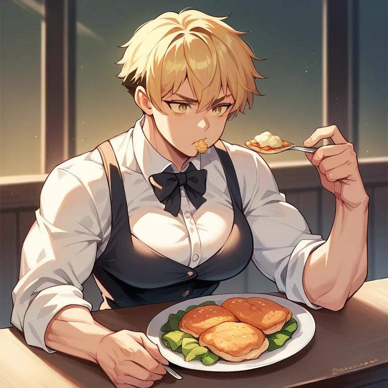 A girl with short hair Chanel straight black with yellow eyes with muscles with very large breasts wearing formal clothes eating a profiteroles