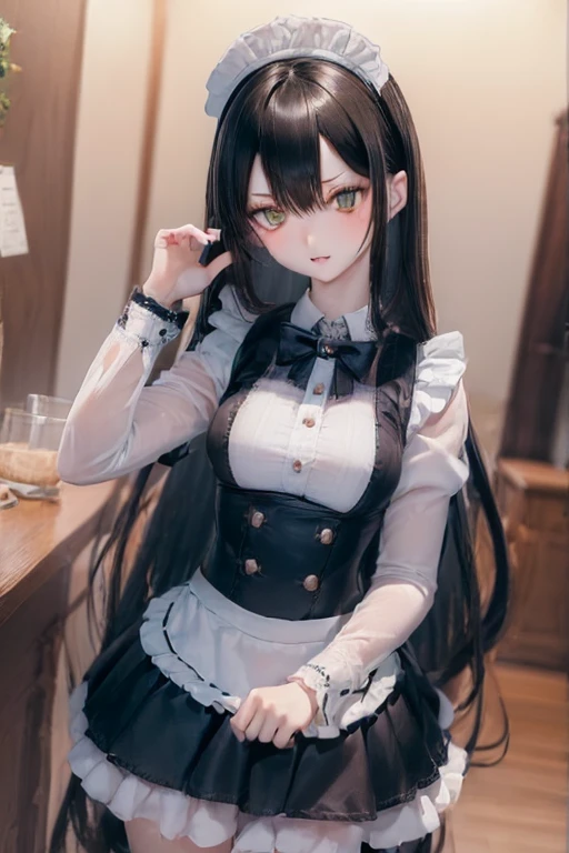 (SFW:2), photorealistic, realistic photo, ((highest quality)), ((masterpiece)), ((extremely detailed)), kukolnydom, doll, maid, (mature woman, 18yo, 18 years old:1.6), solo, ((cowboy shot, standing
, skinny, slender, slim)), green eyes, parted lips, (black hair, long hair, looking at another, blank eyes, empty eyes, detailed eyes, detailed clothes:1.3), museum, 8k