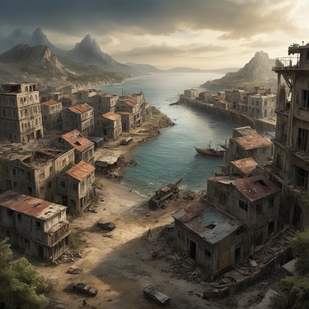 scenario: A small, unknown coastal town, 2024, abandoned for years, post-war with lots of destruction and chaos, something apocalyptic. The city&#39;s narrow, winding streets are covered in vegetation and rubble., with homes and commercial buildings showing signs of wear and neglect. The windows are broken, and the facades are covered in moss and ivy. The boats in the small harbor are rusty and half-submerged, with stagnant water and rubbish accumulated around. The adjacent beach is covered in debris and marine plants. A thick fog covers the area, creating an atmosphere of mystery and desolation. The soft light of dawn pierces the fog, illuminating the buildings and highlighting the melancholic grandeur of the city amidst the destruction.