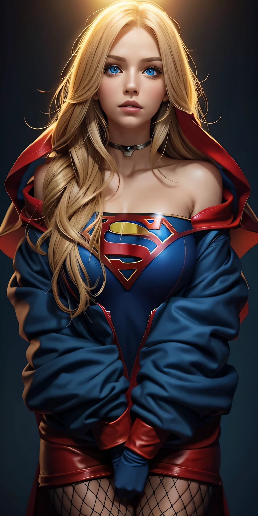 The character Supergirl , perfect costume in the red and blue colors, extremely beautiful blue eyes, gorgeous blond hair