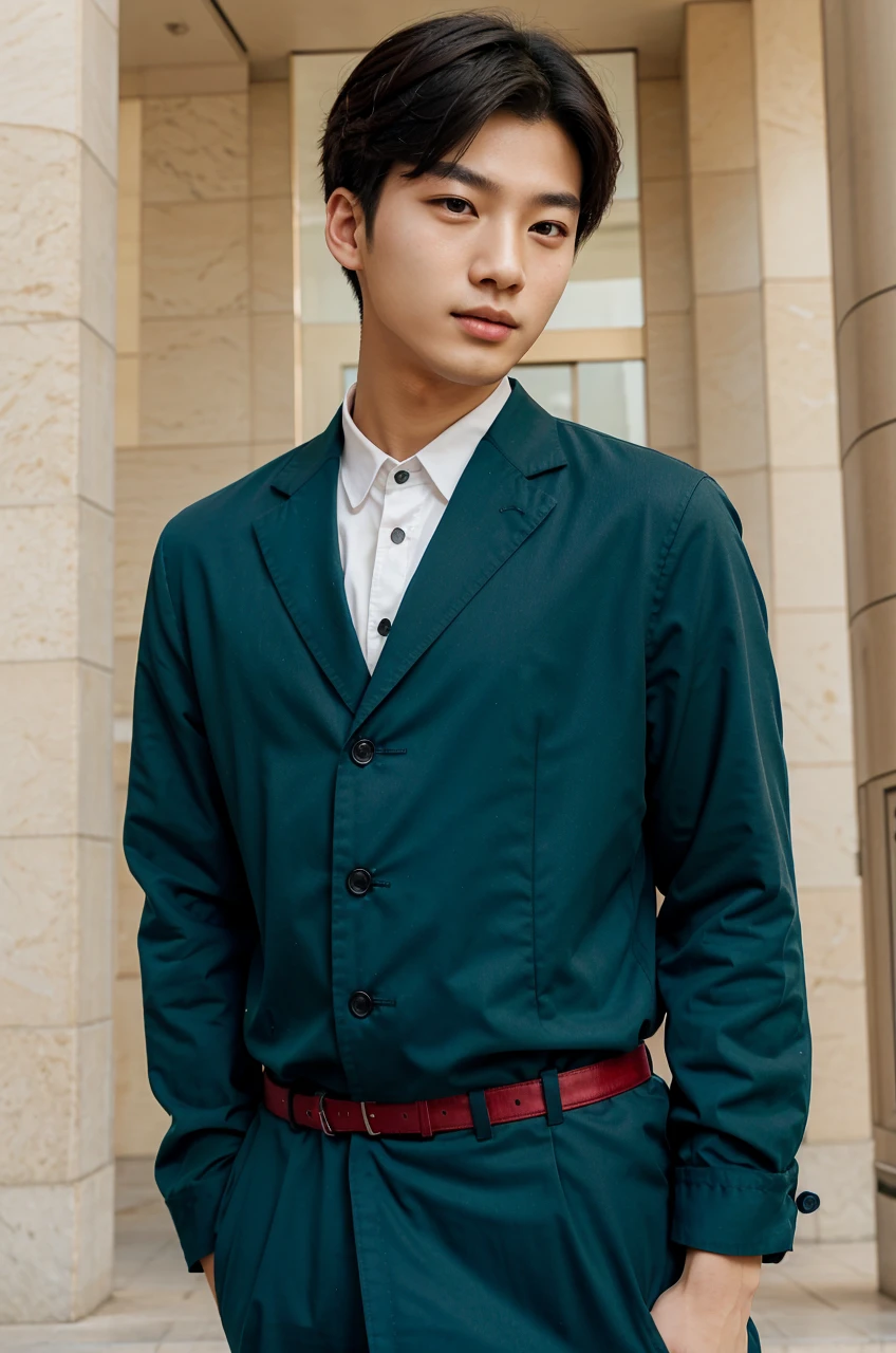 Young Korean man dancing in front of the Paris tower , kpop idol type red dress